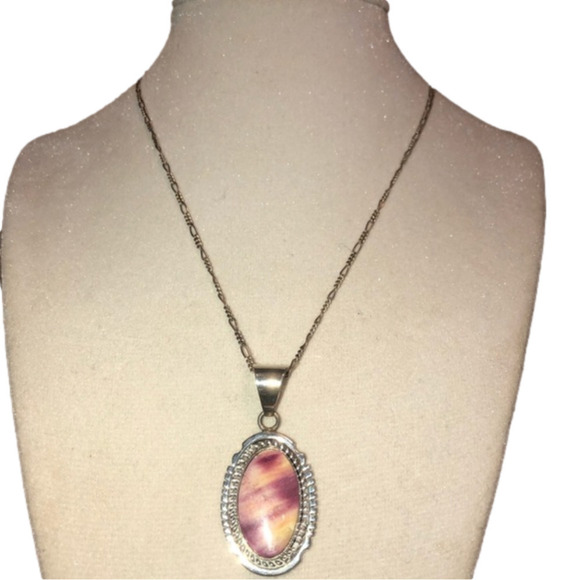 Vtg Navajo JG Sterling Red Spiny Oyster Pendant w 925 Silver Chain 15.5” - Picture 5 of 10